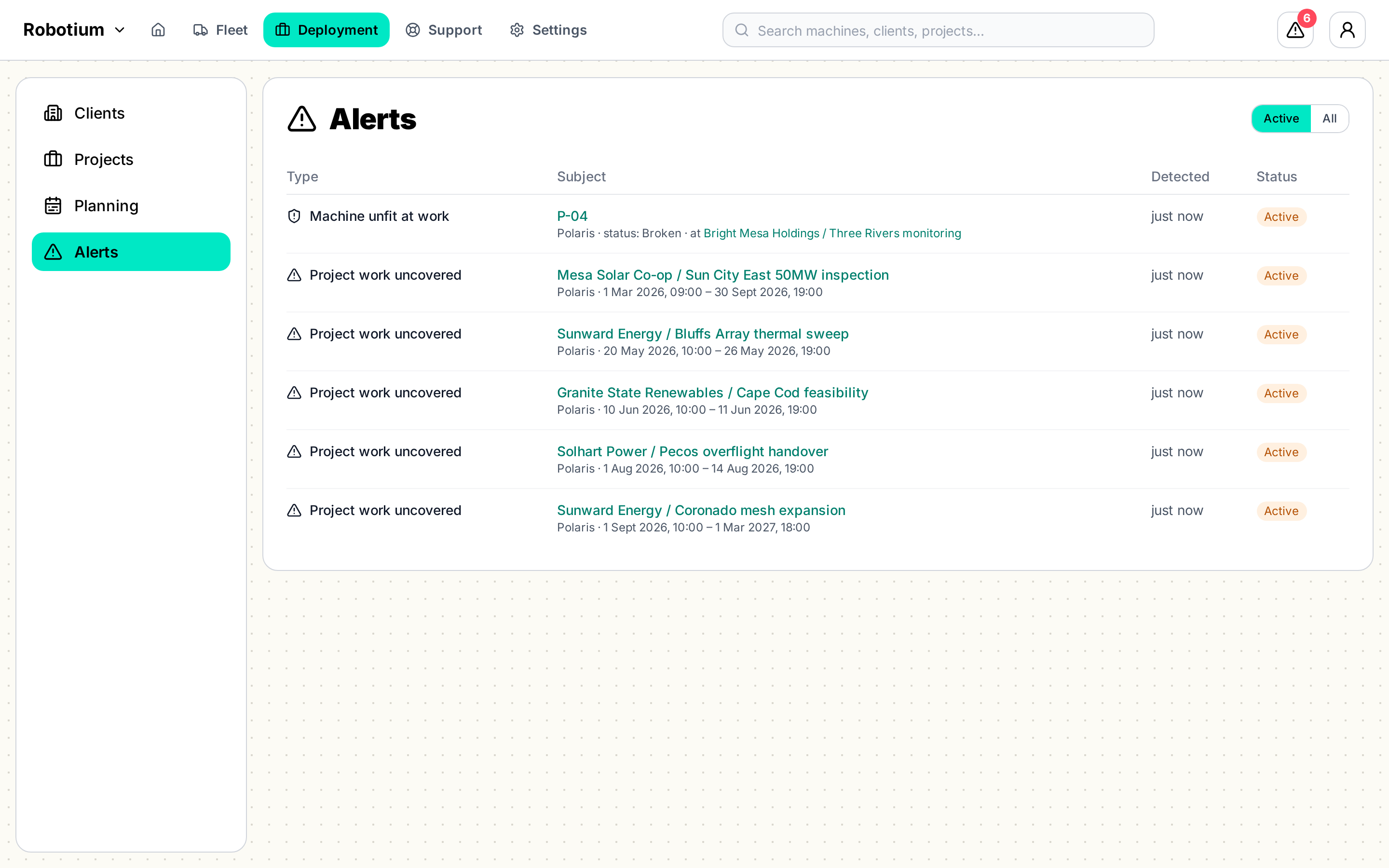 Alerts page showing project deployments with missing robot coverage