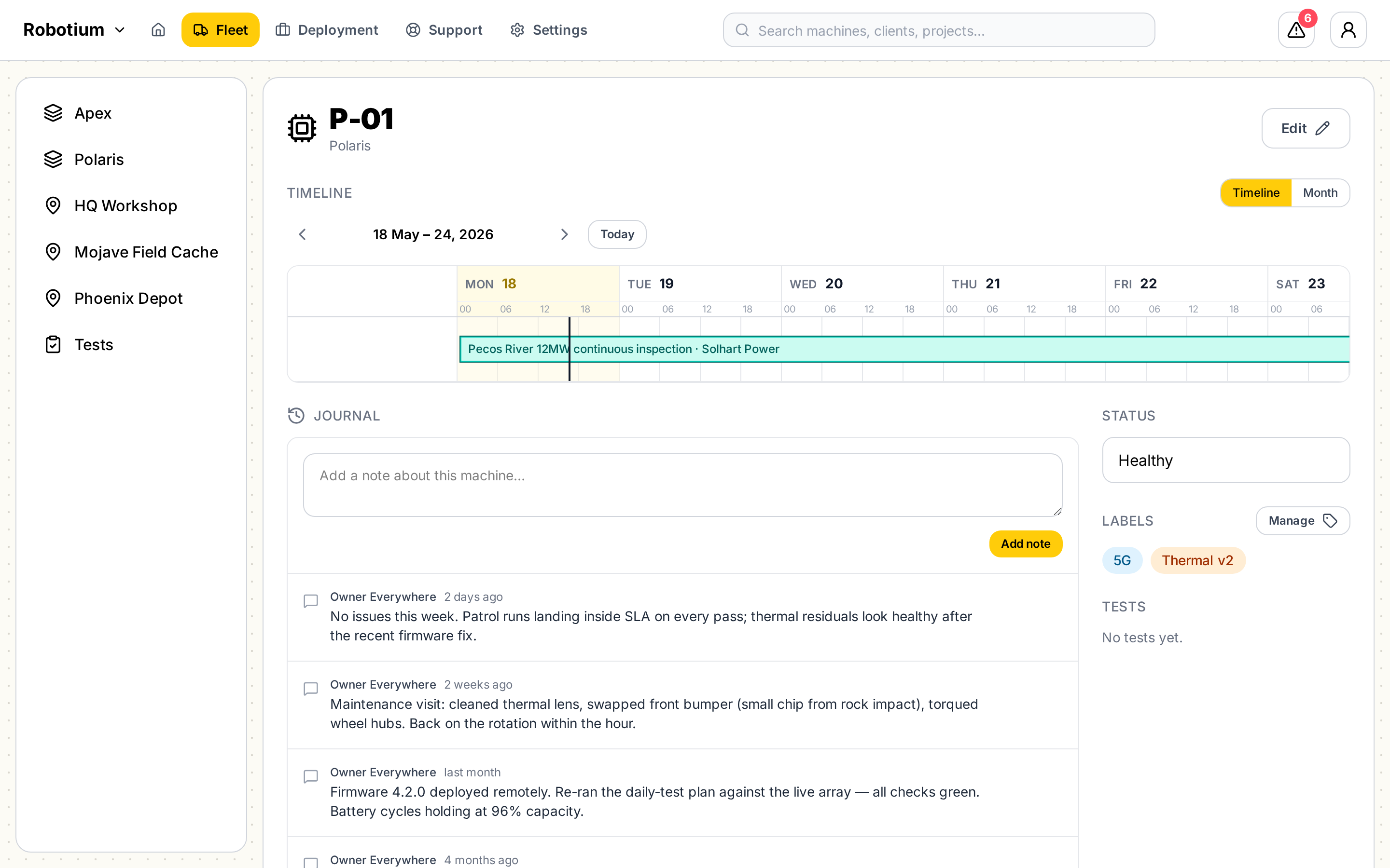 Machine detail page showing components, deployment and ticket history