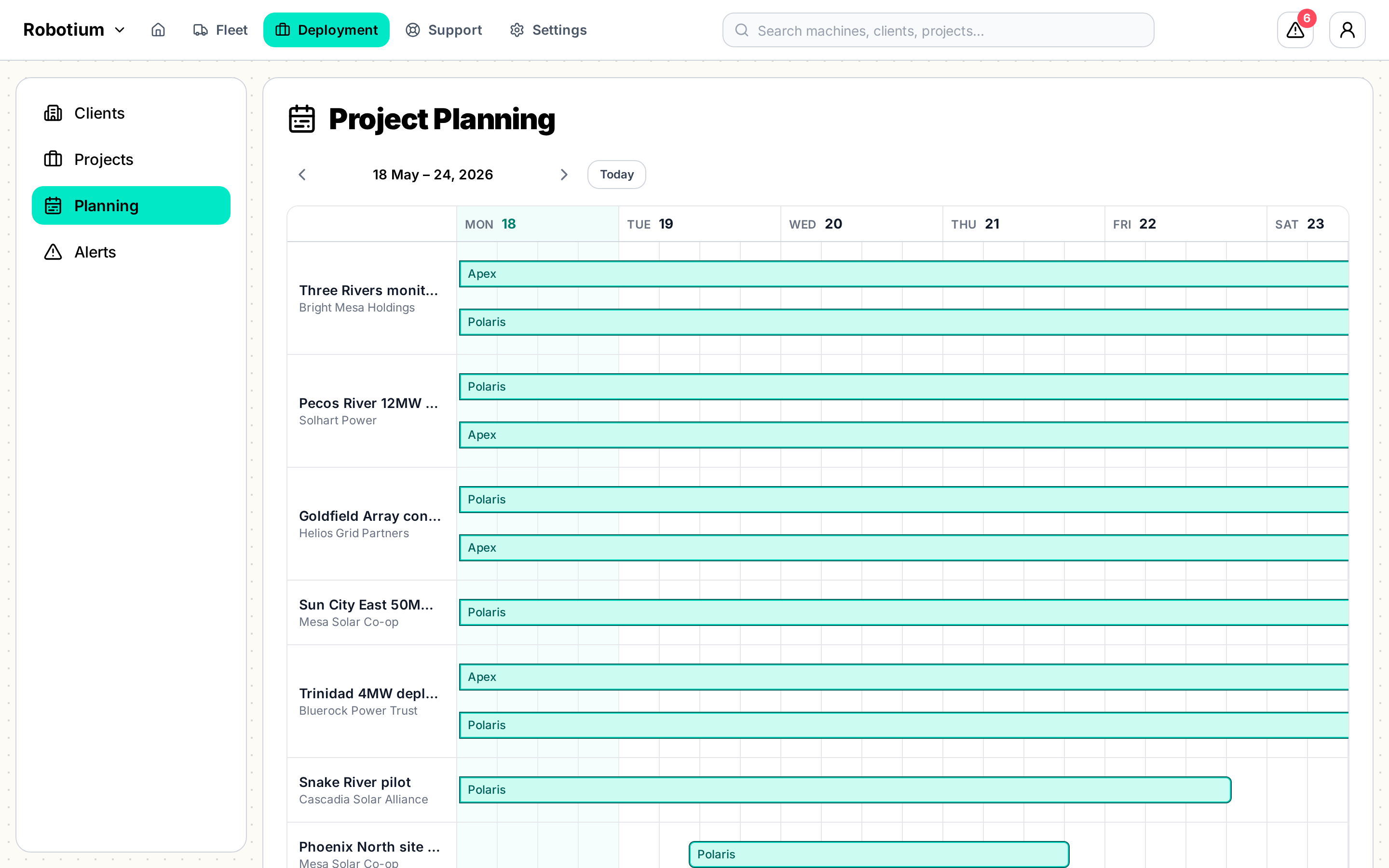 Project planning timeline showing robot deployments across a week